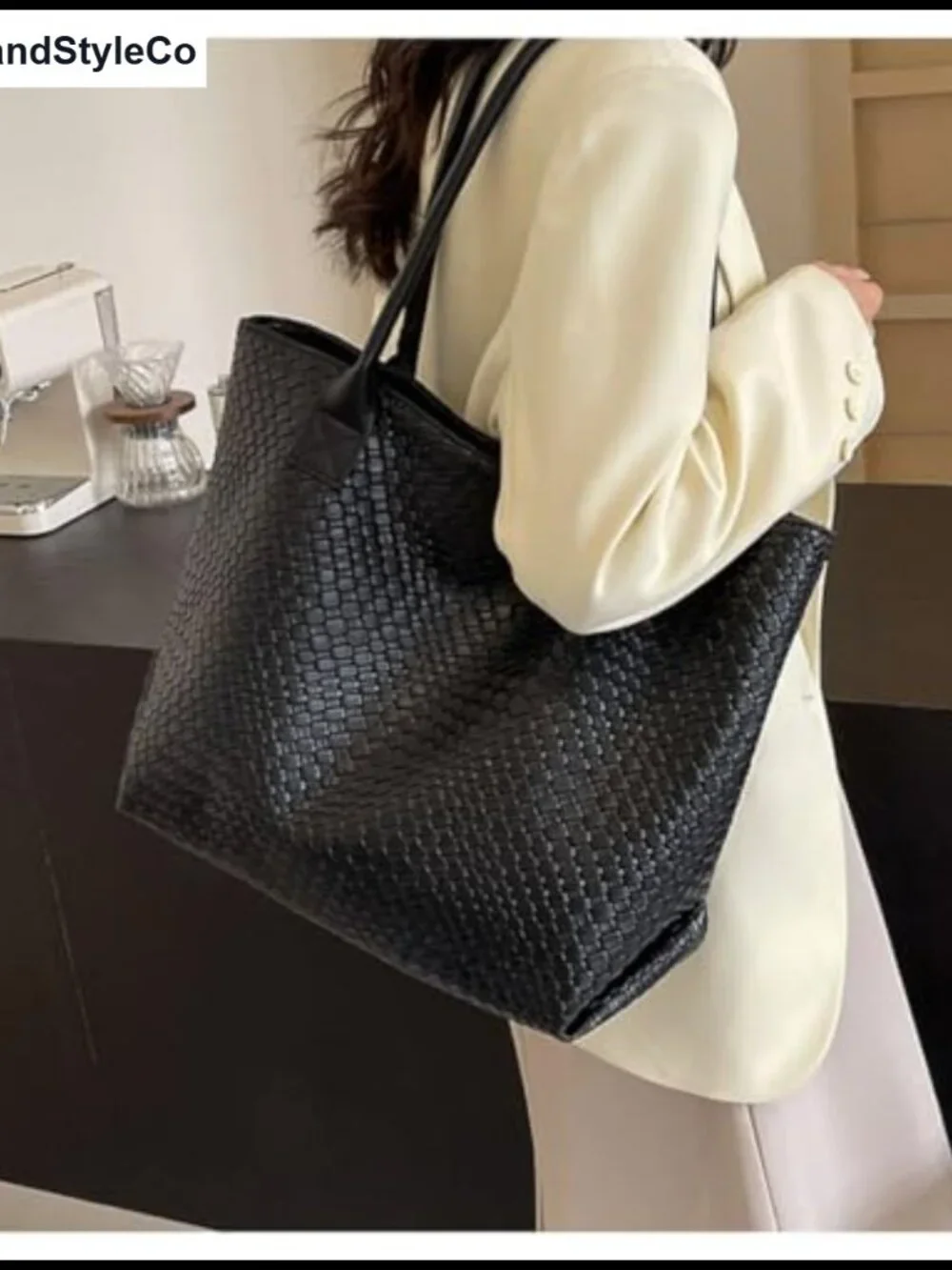 Woven Synthetic Leather Tote Bag Large Capacity Shoulder Handbag